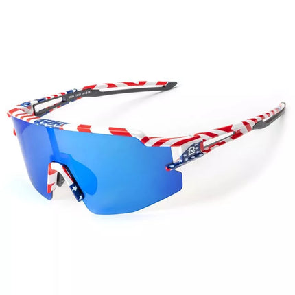 Rockbros Polarized Cycling Glasses with UV Protection and Corrective Insert Blue Lenses - USA Pattern - White