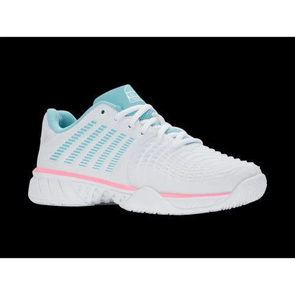 K-swiss EXPRSLIGHT3 HB PADEL balti/švelniai neoniniai mėlyni/neoniniai kramtomosios gumos spalvos sportiniai bateliai (98900-146-M)