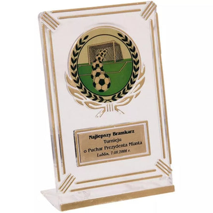 Plastic trophy - transparent - gold with space for a 50mm sticker and a 50mmX20mm TM plaque