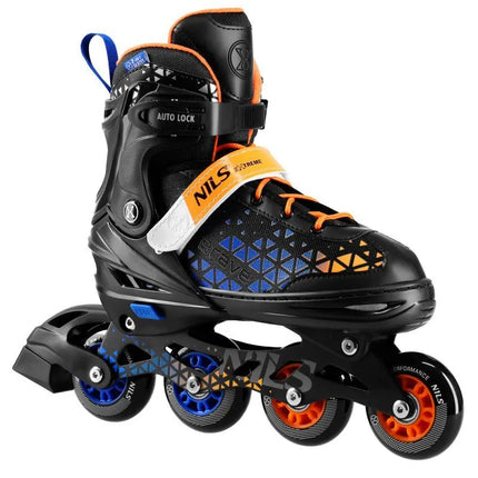 NH18190A 4-in-1 „BRAVE“ MĖLYNOS IR ORANŽINĖS SPALVOS RIEDUTĖS, DYDIS S (29–33), SU „NILS EXTREME“ RITULIO LENTA