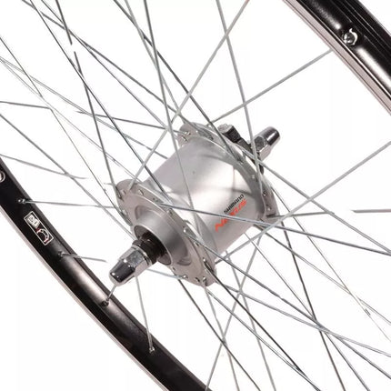 Priekinis 28 colių ratas su Shimano stebule, juodu ratlankiu