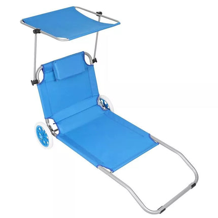 FOLDABLE BEACH CHAIR WITH CANOPY ON WHEELS 116x62x60-90CM BLUE