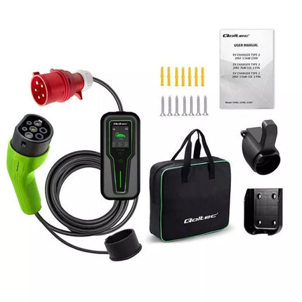 Qoltec 52467 Mobilusis įkroviklis elektromobiliui EV su reguliavimu 2 in 1 Tipas 2 | 11kW | 3 Fazės | CEE 5 ŠAKUČIŲ | LCD | Nešiojamas | Sieninė stotelė | 5m