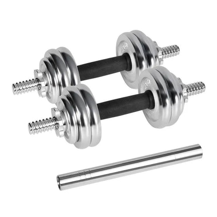 REBEL ACTIVE reguliuojami chromuoti hanteliai su dėklu ir štanga, 15 kg komplektas.
