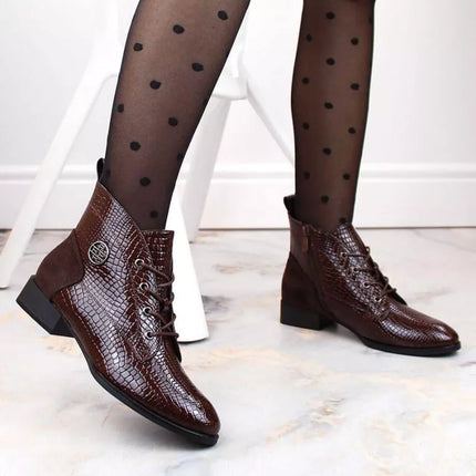 Filippo W PAW478B brown patent leather ankle boots with insulated crocodile skin
