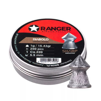 5.5 mm RANGER Diabolo Klasikinės su grioveliais, smailus galiukas, 250 vnt., 1.00 g