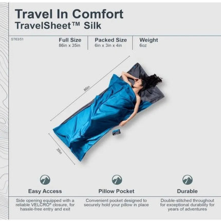 Cocoon TravelSheet Silk Sleeping Bag Liner, Rhino/Cornflower
