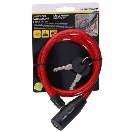 DUNLOP spiralinis dviračio užraktas su raktu 1.2x65cm - raudonas