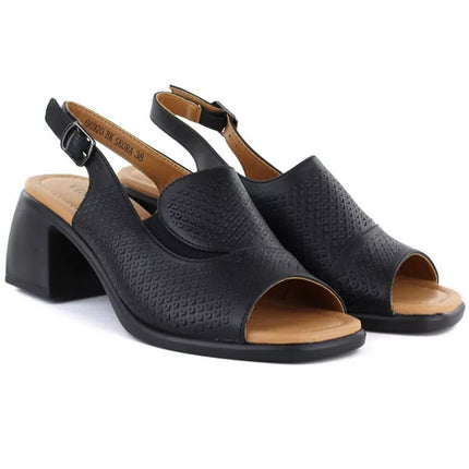 Women's black leather high-heeled sandals Vinceza 26-66920