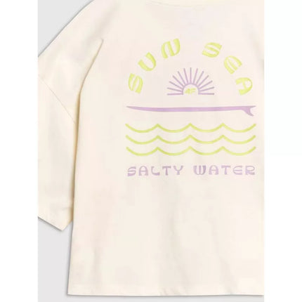 Oversized crop top t-shirt with print for girls 4F 4FJWSS25TTSHF1868-11S