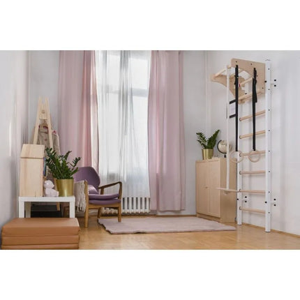 WOODEN AND METAL GYMNASTIC WALL BAR WITH WOODEN BAR AND ACCESSORIES BENCHK 211W A204
