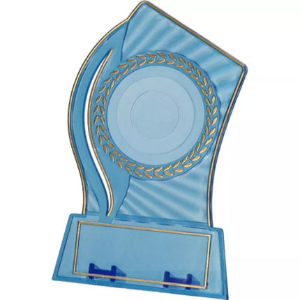 Plastikinis trofėjus - skaidrus - auksinis su vieta 50 mm lipdukui ir 65 mm x 23 mm TM plokštelei