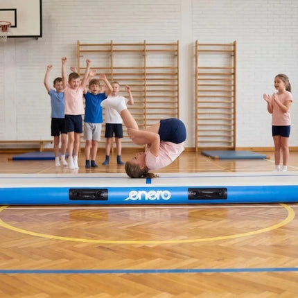 PRIPUČIAMAS GIMNASTIKOS ČIUŽINYS, AKROBATIKOS TAKELIS 300X100X15CM SU ELEKTRINE POMPA, MĖLYNAS