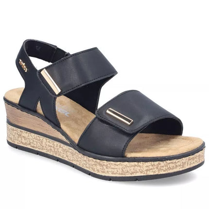 Rieker 63781-00 moteriški juodi pleišto tipo sandalai su lipukais