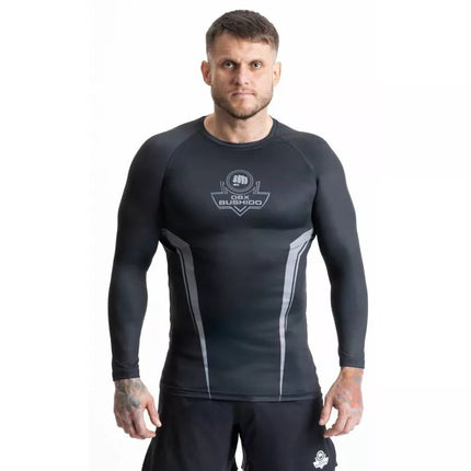 Pilki ilgomis rankovėmis rashguard su DBX Bushido logotipu