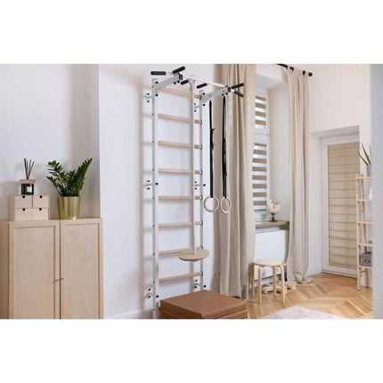 GYMNASTIC WOODEN AND METAL WALL BAR WITH METAL BAR AND ACCESSORIES FOR CHILDREN BENCHK 721W A076