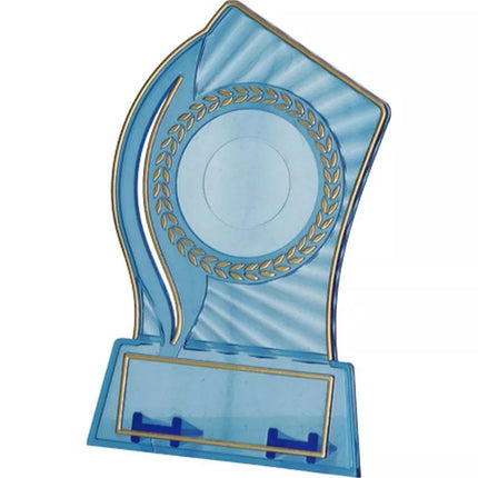 Plastikinis trofėjus - skaidrus - auksinis, su vieta 25/40mm lipdukui ir 56mmX18mm TM lentelės