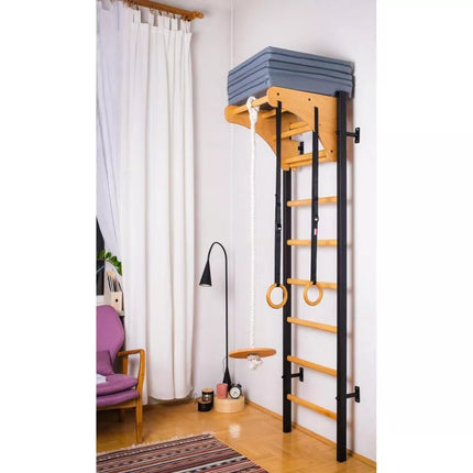 WOODEN AND METAL GYMNASTIC WALL BAR WITH WOODEN BAR AND ACCESSORIES BENCHK 211B A076