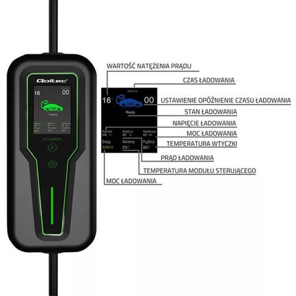 Qoltec Mobile charger for electric car EV with regulation 2 in 1 Type 2 | 3.5kW | 230V | LCD | Portable | Wallbox | 5m
