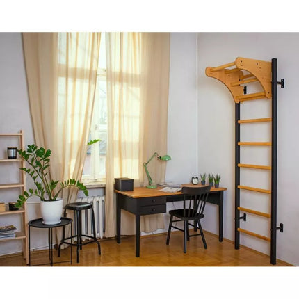 GYMNASTIC WOODEN AND METAL WALL BAR WITH 4 HANDLES WITH A WOODEN BAR BENCHK 211B