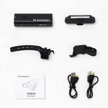 Wozinsky WSBLB2 Priekinis (400 lm) ir Galinis USB-C Dviračio Žibintų Rinkinys - Juodas