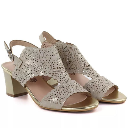 Women's openwork beige heeled sandals M.Daszyński MR1954-2