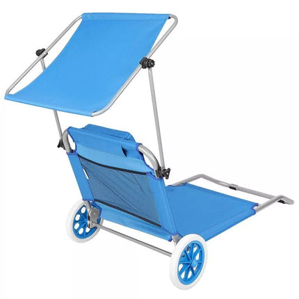 FOLDABLE BEACH CHAIR WITH CANOPY ON WHEELS 116x62x60-90CM BLUE
