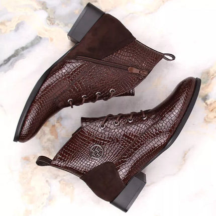 Filippo W PAW478B brown patent leather ankle boots with insulated crocodile skin