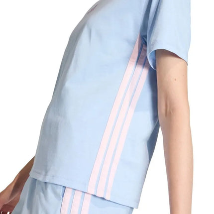Moterų adidas Essentials 3-Stripes medvilniniai marškinėliai, šviesiai mėlyni KB7119