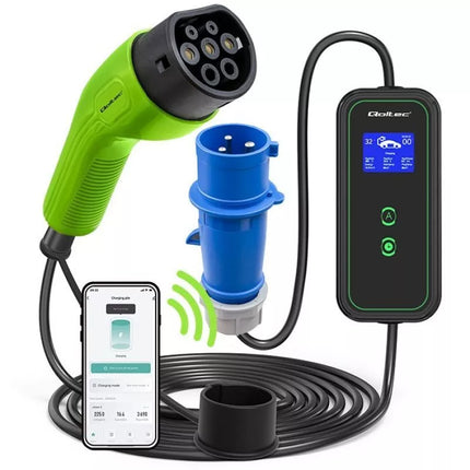 Qoltec Mobilus elektromobilių EV įkroviklis su 2-in-1 reguliavimu Tipas 2 | 7kW | 230V | CEE 3 šakutės | Wi-Fi | LCD | Nešiojamas | Wallbox | 5m