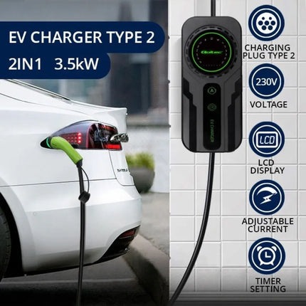 Qoltec nešiojamas elektromobilių įkroviklis su reguliavimo funkcija 2 viename, Type2 SCHUKO 3,5 kW 230 V, LCD ekranas, Wallbox, 5 m