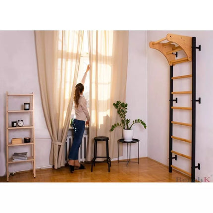 WOODEN AND METAL GYMNASTIC WALL BAR WITH WOODEN BAR BENCHK 711W