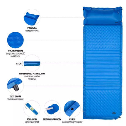 NILS CAMP NC4001 savaime prisipučiamas čiužinys su pagalve, mėlynas - 3,8 cm