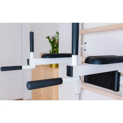 Medinė ir metalinė gimnastikos sienelė su skersiniu, suoliuku ir priedais BenchK 233W