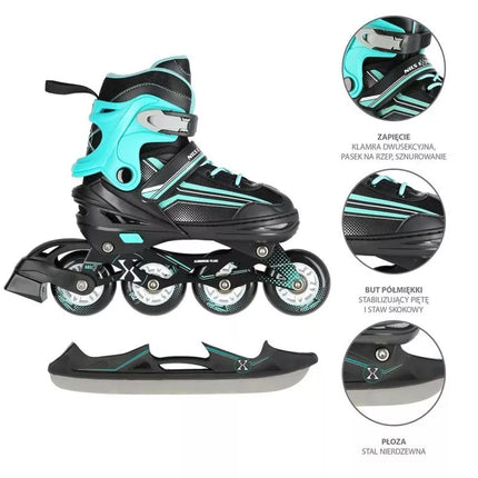 NILS EXTREME NH18190 2IN1 ROLLER SKATES BLACK-BLUE SIZE M (34-38) WITH REPLACEABLE HOCKEY BLADE