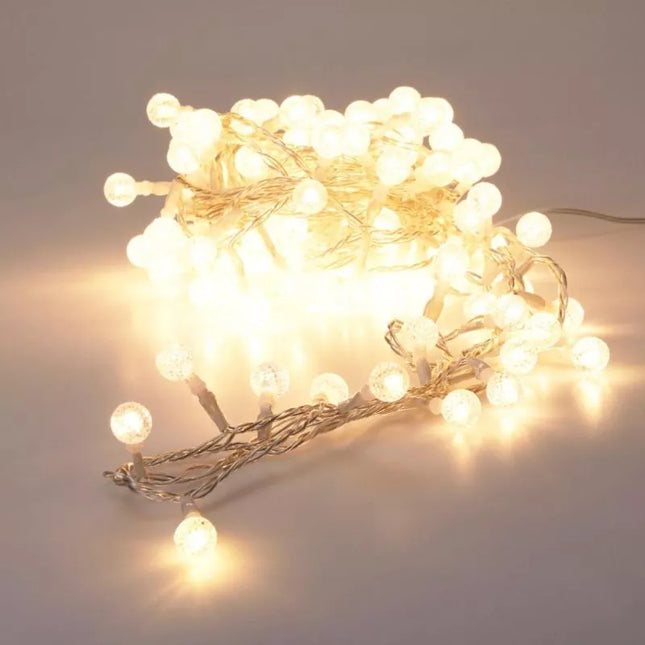 120 LED lempučių su dekoratyviniais rutuliais, šilta balta