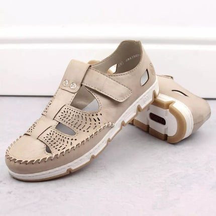 Rieker W RKR651 smėlio spalvos odiniai atviru raižiniu, su lipduku užsegami bateliai