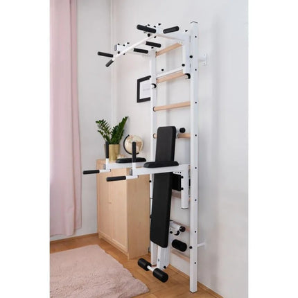 Medinė ir metalinė gimnastikos sienelė su skersiniu, suoliuku ir priedais BenchK 233W