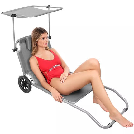 FOLDABLE BEACH CHAIR WITH CANOPY ON WHEELS 116x62x62-90CM GRAY