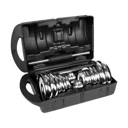 REBEL ACTIVE ADJUSTABLE CHROME DUMBBELLS IN CASE WITH BAR, 20 KG SET