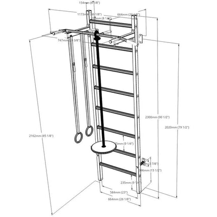 WOODEN AND METAL GYMNASTIC WALL BAR WITH WOODEN BAR AND ACCESSORIES BENCHK 221W A204