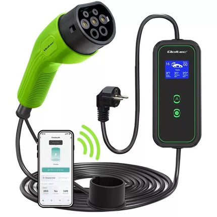 Qoltec 52476 Mobilusis įkroviklis elektromobiliui EV su reguliavimu 2-in-1 Tipas 2 | 3.5kW | 230V | Wi-fi | LCD | Nešiojamas | Wallbox | 5m