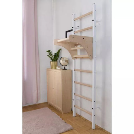 GYMNASTIC WOODEN AND METAL WALL BAR WITH 4 HANDLES WITH A WOODEN BAR BENCHK 211W