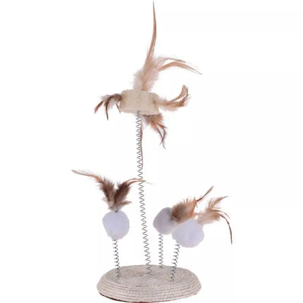 CAT TOY, FEATHERS ON SPRINGS ON A SCRATCHING POST BASE 14X33CM