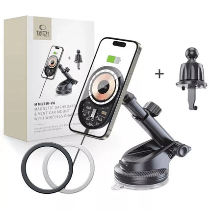 Tech-Protect MM15W-V6 15W automobilinis įkroviklio laikiklis su MagSafe, skirtas prietaisų skydeliui ir ventiliacijos grotelėms - Juodas