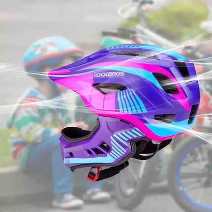 Rockbros TT-32SBPP-S vaikiškas dviračio šalmas su nuimama smakro apsauga, dydis S - violetinė-rožinė