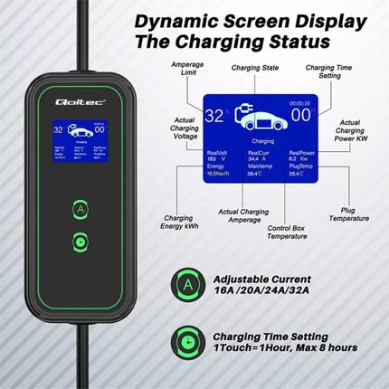 Qoltec Mobile charger for electric cars EV with regulation 2 in 1 Type 2 | 7kW | 230V | CEE 3 PIN | Wi-fi | LCD | Portable | Wallbox | 5m