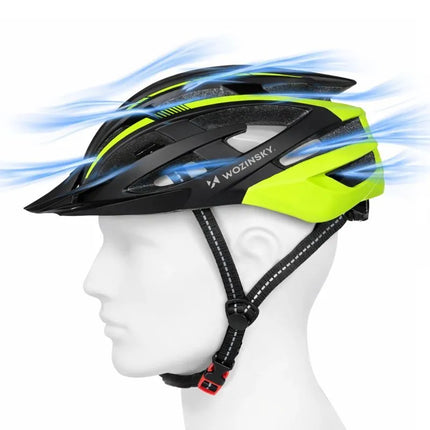 Wozinsky MTB dviračio šalmas su nuimamu skydeliu ir galine USB lempute, dydis L - Juodas ir geltonas