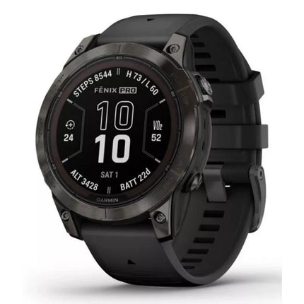 Garmin Fenix 7 Pro 47 mm safyrinis, saulės energija maitinamas, anglies pilkos DLC titano laikrodis su juodu dirželiu
