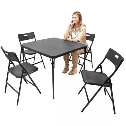 TURISTINIS STOVYKLAVIMO STALO IR 4 JUODŲ KĖDĖKLIŲ KOMPLEKTAS 86.5x86.5x71CM